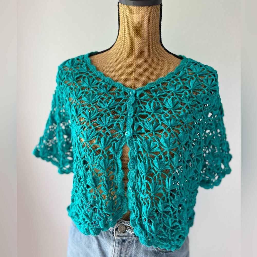Jessica London Cropped Crochet Blue Short Sleeve Cardigan